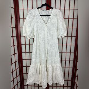 Zara White Eyelet Puff Sleeve Midi Dress Cottagecore Spring Easter Size XS
